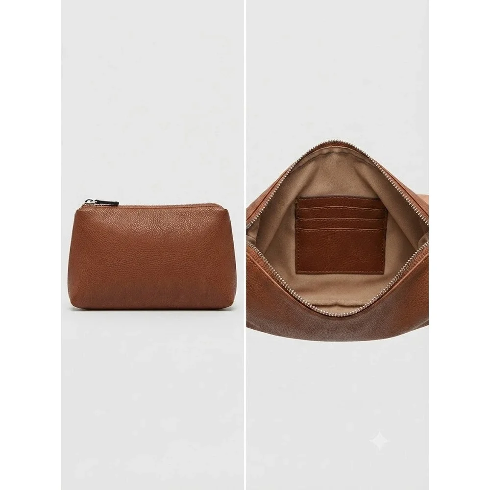 Unisex Brown Faux Leather Zippered Travel Pouch Toiletry Makeup Cosmetic Vegan